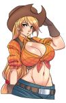 1girl applejack belly belt blonde_hair breasts cleavage cowboy_gloves cowboy_hat earrings friendship_is_magic front-tie_top gloves green_eyes groin hair hat headgear huge_breasts humanized jewelry long_hair low-tied_long_hair maniacpaint midriff mound_of_venus my_little_pony navel pants plaid plaid_shirt ponytail shirt soles solo tied_shirt very_long_hair vest