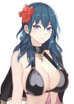 1girl 1girl absurd_res bare_shoulders big_breasts bikini black_bikini blue_eyes byleth_(fire_emblem) byleth_(fire_emblem)_(female) commentary fire_emblem fire_emblem:_three_houses fire_emblem_heroes flower hair_flower hair_ornament high_res long_hair looking_at_viewer n_54 nintendo red_flower simple_background swimsuit teal_hair upper_body white_background