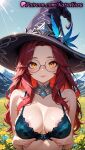 1girl 1girl 1girls 2025 ai ai_assisted ai_generated anime anime_style areola_slip aurora_(league_of_legends) bangs bare_shoulders big_breasts big_breasts black_headwear blue_bra blue_sky blush body_freckles bra breast_hold breasts bust cleavage closed_mouth collar day detached_collar eyeshadow feathers female_focus female_only female_solo field flower flower_field freckles glasses green_bra hat hat_feather hentai high_quality high_res high_res high_resolution lace-trimmed_bra lace_trim league_of_legends league_of_legends:_wild_rift lingerie lips long_hair looking_at_viewer makeup megane mountain natsuyoru non-asian outside parted_bangs patreon red_hair riot_games round_eyewear sky smile solo_female stable_diffusion sunlight underwear underwear_only upper_body voluptuous voluptuous_female witch_hat yellow_eyes yellow_flower