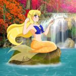 1girl alluring aru_dreamer bishoujo_senshi_sailor_moon blonde_hair hand_mirror long_hair mermaid minako_aino mirror sailor_venus tree under_boob very_long_hair water waterfall