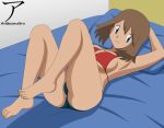 1girl arekusanderu arms_behind_back bikini blue_eyes breasts brown_hair creatures_(company) female_focus game_freak haruka_(pokemon) looking_at_viewer lying may_(pokemon) nintendo on_bed pillow pokemon_(game)