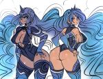 2girls :q anthro anthrofied ass ass-to-ass bare_shoulders big_breasts blue_eyes blue_hair breasts cleavage_cutout crown curvy dark_skin detached_sleeves dual_persona elbow_gloves fingerless_gloves friendship_is_magic gloves hair hand_on_hip horn horned_helmet humanized leotard licking_lips long_hair maniacpaint multiple_girls my_little_pony nightmare_moon princess_luna sideboob stockings thick_thighs thighs thong_leotard tongue very_long_hair