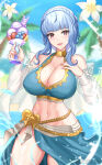 1girl 1girl 1girl :d absurd_res alluring bare_shoulders big_breasts bikini blue_bikini blue_hair blue_sky blue_swimsuit blurry blurry_background braid commentary_request cowboy_shot crown_braid day female_only fire_emblem fire_emblem:_three_houses fire_emblem_heroes high_res intelligent_systems looking_at_viewer marianne_von_edmund marianne_von_edmund_(summer) medium_hair navel nez-box nintendo official_alternate_costume open_mouth outside purple_eyes sarong sky smile standing stomach swimsuit thighs