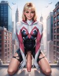 1futa ai_generated big_penis blonde_hair blue_eyes bodysuit cum cum_drip dripping_cum futa_only futanari gwen_stacy huge_cock huge_penis looking_at_viewer marvel marvel_comics short_hair smile solo_futa spider-gwen torn_clothes young_adult