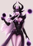  1girl armor bad_id belt black_gloves breasts cleavage ear_protection forehead_protector gloves glowing glowing_eyes helmet league_of_legends long_hair orb pale_skin pauldrons purple_eyes purple_skin silver_hair solo syndra very_long_hair yy6242 