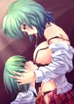  2girls antennae bare_shoulders black_bra black_panties blindfold bra breast_sucking breasts cape dress_shirt drool drooling female femdom green_hair hair high_res highres huge_breasts kazami_yuuka kinntarou lingerie multiple_girls nipples off_shoulder open_bra open_clothes open_mouth open_shirt open_skirt panties red_eyes saliva saliva_swap saliva_trail shirt short_hair skirt strap_slip tongue tongue_out touhou underwear wriggle_nightbug youkai yuri 