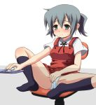  1girl bad_id blush clothed_masturbation computer_mouse fingering footwear gonzaburo green_eyes green_hair hidamari_sketch kneehighs legs_up masturbation mousepad nori_(hidamari_sketch) panties pornography school_uniform short_hair skirt socks solo spread_legs through_panties twin_tails twintails under_table underwear upskirt watching_porn white_panties x-ray 