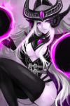  belt black_gloves breasts cleavage ear_protection forehead_protector gloves helmet high_res kumiko_(aleron) league_of_legends long_hair orb pale_skin purple_eyes purple_skin silver_hair solo stockings syndra very_long_hair 