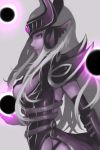  1girl armor black_gloves breasts ear_protection forehead_protector gloves helmet kumiko_(aleron) league_of_legends long_hair orb pauldrons profile purple_eyes purple_skin sideboob silver_hair solo syndra vambraces very_long_hair 