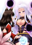 ahri animal_ears armor bare_shoulders belt black_hair blush breasts cleavage detached_sleeves facial_mark fox_ears fox_tail highres league_of_legends long_hair multiple_girls multiple_tails nipple_slip nipples orb pauldrons purple_eyes silver_hair syndra tail very_long_hair whisker_markings xano yellow_eyes