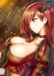 1girl arudehido big_breasts blush breasts choker cleavage dress fur_trim horns large_breasts long_hair maou_(maoyuu) maoyuu_maou_yuusha red_eyes red_hair revision solo