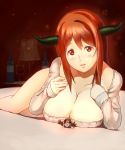  1boy 1girl breasts cleavage demon_girl giantess horns huge_breasts long_hair maou_(maoyuu) maoyuu_maou_yuusha marshmallow_hell miniboy red_eyes red_hair tomitayaki yuusha_(maoyuu) 