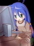 1girl ahoge blue_hair blush chair clothed_masturbation computer desk flat_chest green_eyes hand_in_panties izumi_konata kanakana long_hair lucky_star masturbation mole open_mouth panties pants_pull panty_pull pornography see-through simple_background sitting small_breasts solo under_table underwear watching_porn x-ray