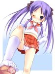  blue_eyes blush cum feet femdom footjob footwear long_hair mofumofu panties penis purple_hair pussy ribbon school_uniform socks standing twintails uncensored underwear upskirt wink 