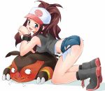  1girl ass bad_id baseball_cap blue_eyes blush brown_hair chaobuu cutoffs denim denim_shorts endou_masatoshi fangs hat long_hair open_mouth pignite pokemon pokemon_(game) pokemon_black_and_white pokemon_bw ponytail short_shorts shorts touko_(pokemon) vest white_(pokemon) 