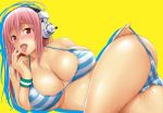 1girl adjusting_swimsuit bikini blush breasts cleavage fingernails headphones kuimono large_breasts long_fingernails long_hair looking_at_viewer lying nitroplus on_side pink_hair red_eyes shiny shiny_skin solo striped striped_bikini striped_swimsuit super_sonico sweat swimsuit tongue yellow_background