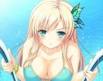  1girl aqua_eyes bikini blonde_hair blush boku_wa_tomodachi_ga_sukunai breasts butterfly_hair_ornament cleavage hair_ornament kashiwazaki_sena korotan large_breasts long_hair pool pool_ladder solo swimsuit water 