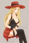  1girl alluring bare_shoulders big_breasts black_legwear blonde_hair blue_eyes blush breasts cleavage crossed_legs female_protagonist_(pokemon_xy) grey_background hat large_breasts legs_crossed leikangmin long_hair looking_at_viewer pokemon pokemon_(game) pokemon_xy serena serena_(pokemon) simple_background sitting skirt sleeveless smile solo stockings thighhighs zettai_ryouiki 