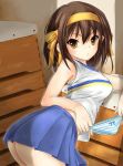 ass bent_over breasts brown_eyes brown_hair cheerleader garickson gym_storeroom hairband holding_panties looking_back midriff no_panties panties short_hair skirt skirt_lift striped striped_panties suzumiya_haruhi suzumiya_haruhi_no_yuuutsu underwear vaulting_horse yellow_eyes