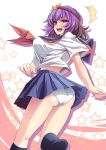  1girl alternate_costume ass big_breasts black_legwear blush bouncing_breasts breasts hair_ornament high_res kinntarou kneehighs open_mouth panties pantyshot purple_hair red_eyes school_uniform short_hair solo star touhou underwear white_panties yasaka_kanako 