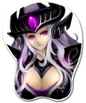  aleron armor big_breasts breast_mousepad breasts cleavage cleavage_cutout forehead_jewel forehead_protector head_tilt helmet horned_helmet kumiko_(aleron) kumiko_shiba large_breasts league_of_legends long_hair mousepad pauldrons purple_eyes purple_hair solo syndra 