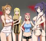  4_girls antenna_hair apron ass blonde_hair breasts brown_eyes brown_hair busujima_saeko erect_nipples highschool_of_the_dead large_breasts long_hair looking_back marikawa_shizuka miyamoto_rei mound_of_venus multiple_girls no_pants panties pink_hair purple_hair rei_miyamoto ribonzu shizuka_marikawa side-tie_panties sideboob smile takagi_saya tank_top thong twintails uncensored underwear 