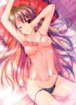 1girl artist_request babydoll bed breasts brown_eyes brown_hair lowleg lowleg_panties lying panties pillow purple_panties see-through side-tie_panties underwear untied waking_up