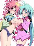  2girls aqua_hair blue_eyes blue_hair blush breast_press breasts breasts_outside denim denim_shorts embarrassed endou_masatoshi glasses hair haou_taikei_ryuu_knight headband katze large_breasts long_hair looking_at_viewer midriff multiple_girls navel no_bra paffy_pafuricia pink_eyes pink_hair shirt_lift short_shorts shorts smile spiked_hair symmetrical_docking very_long_hair yuri 