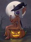 1girl anthro areola bat big_breasts bikini furry halloween humanoid looking_at_viewer micro_bikini orange_bikini orange_swimsuit pumpkin rouge_the_bat ruruduu sega side_view sonic_the_hedgehog_(series) swimsuit thick_thighs witch_hat