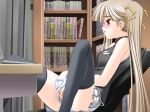  1girl bare_shoulders black_legwear black_thighhighs blush book bookshelf censored chair clothed_masturbation collar computer computer_keyboard desk fingering flat_chest game_cg hair_ribbon hand_in_panties jpeg_artifacts long_hair masturbation open_mouth orange_eyes panties pleated_skirt pornography pussy reclining ribbon senomoto_hisashi seto_yuzuko silver_hair sitting skirt skirt_lift sleeveless small_breasts solo spread_legs stockings thighhighs turtleneck tutorial_summer twin_tails twintails underwear upskirt very_long_hair watching_porn white_panties 