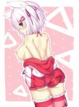 1girl ass bad_id breasts hair_ornament hairclip highres jacket latias nipples no_bra personification pink_legwear pokemon puffy_nipples shirt_pull sideboob solo stockings striped striped_legwear tail thighhighs wataru_(zazazazazazawa) white_hair