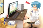 ! 1girl 3c1=3c2=3 blush bra censored computer computer_keyboard computer_mouse green_eyes green_hair hidamari_sketch lingerie naked_shirt nazuna_(hidamari_sketch) nori_(hidamari_sketch) photo_(object) solo stuffed_animal stuffed_toy teddy_bear tissue tissue_box ume-sensein_(hidamari_sketch) underwear v watching_porn webcam