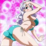 1girl arms_up bikini blue_eyes breasts fairy_tail female front_ponytail long_hair mirajane mirajane_strauss silver_hair solo stitched swimsuit underboob