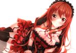 1girl :o big_breasts black_legwear breasts cleavage dress frills garter_straps long_hair maid_headdress maou_(maoyuu) maoyuu_maou_yuusha red_eyes red_hair solo swordsouls tattoo tattooed_breast stockings wristband