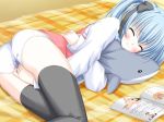 bed blue_hair blush closed_eyes clothed_masturbation fingering fingering_through_clothes game_cg hair hair_ribbon hair_ribbons jpeg_artifacts magazine masturbation masturbation_through_clothing minato_ayane panties pornography pussy_juice rakuten_~kono_yo_no_rakuen?_ano_yo_no_tengoku!?~ ribbon sadao shark short_hair smile solo stockings stuffed_animal stuffed_toy thighhighs through_clothes underwear vest wet wet_clothes wet_panties