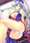 1girl arm_support ass bare_shoulders big_breasts blue_eyes braid breasts chinese_clothes cleavage cleavage_cutout drawer dutch_angle flask hakurei_reimu high_res jar kinntarou long_hair nurse panties pantyshot pantyshot_(sitting) side_slit silver_hair sitting smile solo syringe thighs touhou underwear very_long_hair when_you_see_it white_panties window yagokoro_eirin yukkuri_shiteitte_ne