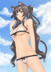 1girl animal_ears belly big_breasts bikini blue_eyes bow bow_bra bra breasts brown_hair cat_ears cat_tail catgirl cleavage erect_nipples hair hair_ornament hair_ribbon hairclip highres kai_(link2262) large_breasts lingerie long_hair lowleg lowleg_bikini navel original ribbon sideboob solo swimsuit tail twin_tails twintails underboob underwear