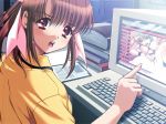  1girl brown_hair computer game_cg hadan'ya internet oono_tsutomu_(red_chime) pointing pornography red_eyes solo tachibana_reika watching_porn 