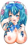 1girl blue_eyes blue_hair breast_mousepad cum janong mousepad mousepad_(medium) simple_background white_background