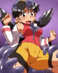  1girl bike_shorts black_hair brown_eyes crystal crystal_(pokemon) detached_sleeves earrings hun hun_(artist) jewelry marina marina_(pokemon) monster muk nintendo open_mouth pokemon pokemon_special porkyman slime solo sweat sweatdrop twintails you_gonna_get_raped 