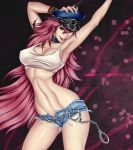  1girl armpits blue_eyes breasts cleavage collar contrapposto cuffs cutoffs denim denim_shorts final_fight grin handcuffs hat highres large_breasts lipstick long_hair makeup midriff navel open_fly peaked_cap phantomjac pink_hair poison poison_(final_fight) preyingphantom riding_crop shorts showing_armpits slender_waist smile solo strap_gap street_fighter tank_top unzipped very_long_hair watermark web_address 