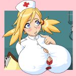 big_breasts blue_eyes blush bra breasts bursting_breasts cleavage clipboard cute female gigantic_breasts hair hair_tie hospital huge_breasts large_breasts nurse woot yellow_hair