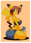  1girl 2011 anthro big_breasts blush breasts brown_hair cleavage clothing cute female female_anthro_pikachu female_only green_eyes hair jeans looking_at_viewer looking_back nintendo nintendo_ds pikachu pink_nose pokemon pokemorph shorts sitting smile solo_female tail thick_thighs thighs thong tiger1001 underwear video_games voluptuous wide_hips yellow yellow_fur 