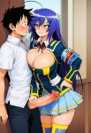 1boy 1girl ahoge ai_generated armband big_breasts black_hair blue_hair blush breasts brown_eyes cleavage crossover erection grin hand_on_hip handjob hetero huge_penis kabedon large_penis long_hair looking_at_another medaka_box medaka_kurokami monkey_d._luffy one_piece penis school_uniform skirt smile stockings sweat trewg001 uncensored veins veiny_penis
