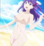 1girl areola beach big_breasts breasts completely_nude erect_nipples fate/kaleid_liner_prisma_illya fate/stay_night fate_(series) hair_ornament hair_ribbon high_resolution long_hair looking_at_viewer matou_sakura navel nipples no_bra nopan nude nude_filter pussy ribbon screen_capture stitched swimsuit third-party_edit