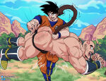 2024 2boys alien bald_man bara black_hair clothed_male_nude_male clouds daytime dragon_ball dragon_ball_z embarrassed embarrassed_nude_male enm humiliation im_hasarath male male_only muscular mustache nappa nude nude_male otk outside over_the_knee punishment saiyan saiyan_tail sky son_goku spanked spanking tail