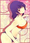  1girl bandage bandeau bare_shoulders blue_hair breasts cleavage denim denim_shorts female high_res kanbaru_suruga kiguchiko monogatari_(series) navel nisemonogatari red_eyes short_hair shorts smile solo strapless tubetop 