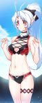  1girl antenna_hair belly bikini blue_hair blush breasts cleavage elf female hair highres long_hair midriff navel pixiv_fantasia pixiv_fantasia_sword_regalia pointy_ears ponytail red_eyes solo standing swimsuit tattoo tsuki_tokage 