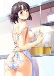 1girl apron ass black_hair blush bob_cut breasts brown_eyes butt_crack cooking female from_behind holding jiyuuyuu looking_at_viewer naked_apron nearly_naked_apron nipples no_bra original panties short_hair smile solo underwear white_panties