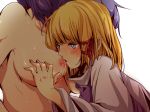  2girls bad_id blonde_hair blue_eyes breast_sucking breasts face female hair hands head_out_of_frame kiguchiko large_breasts moriya_suwako multiple_girls nipples nude purple_hair short_hair touhou yasaka_kanako yuri 